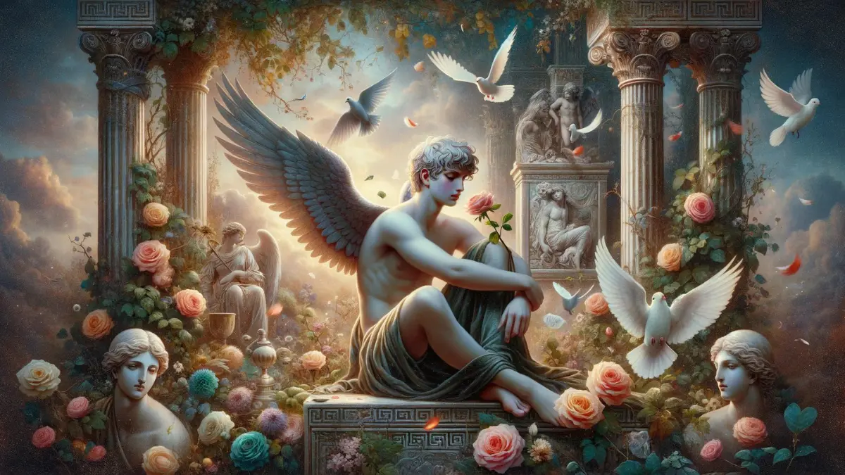 capturing the enchanting essence of Eros surrounded by classic symbols of love, set against a backdrop that suggests ancient Greek mythology, creating a romantic and ethereal atmosphere