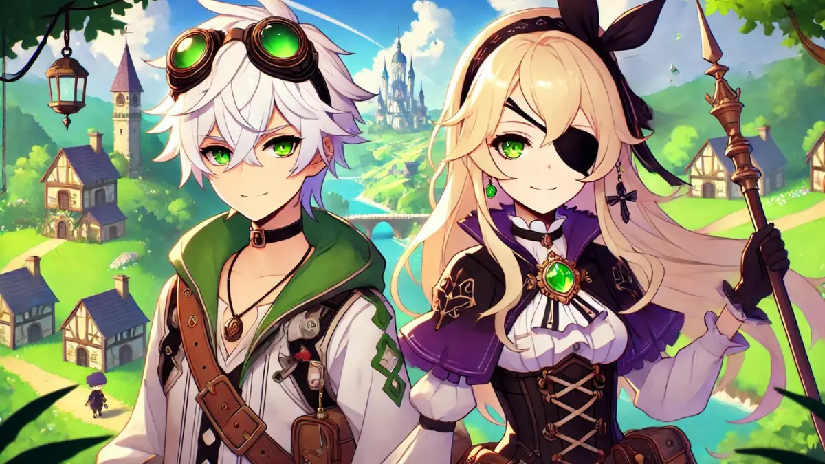 anime image of Bennett and Fischl from Genshin Impact. Bennett should be depicted with his short white hair, wearing his adventurer outfit with goggles on his head and green eyes, and a determined expression. Fischl, also known as Amy, should be depicted with her characteristic long blonde hair with twin tails, wearing her eyepatch on her right eye, and her dark purple outfit with gothic and fantasy elements. She should have a green left eye visible. They should be shown in a dynamic pose, ready for adventure, with a vibrant and whimsical landscape of Mondstadt in the background, featuring clear skies and lush greenery, capturing the game's colorful and whimsical art style.
