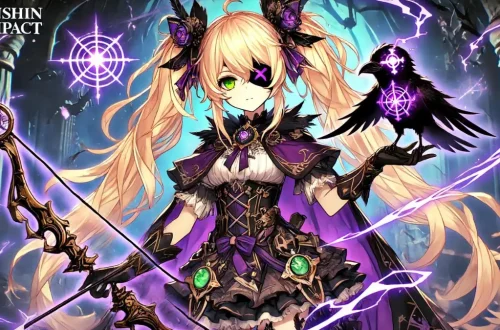 An anime-style image of Fischl from Genshin Impact. Fischl has long, sandy blonde hair styled in twin tails and wears a black eye patch over her left eye. Her exposed right eye is green. She is dressed in a gothic outfit with a mix of purple and black, featuring intricate designs and a cape. Fischl stands confidently with her bow, surrounded by a mystical, electro aura. Beside her is her raven companion, Oz, who also emits an electric glow. The background is a dark, enchanted forest with hints of purple lightning illuminating the scene