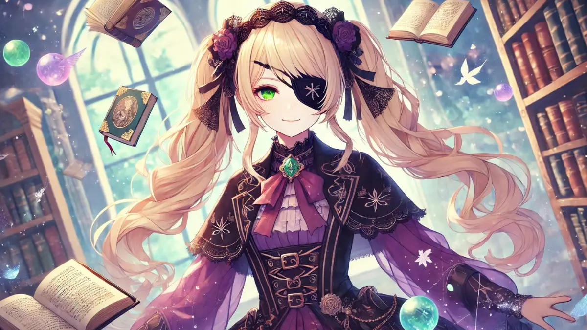 anime image of Fischl, also known as Amy, from Genshin Impact. Amy should be depicted with her characteristic long blonde hair with twin tails, wearing her eyepatch and her dark purple outfit with gothic and fantasy elements. She should be shown in a scene that reflects her love for books and fairy tales, perhaps in a magical library or surrounded by floating books and fairy tale imagery. The background should be whimsical and mystical, capturing the essence of her story and her fascination with fantasy worlds.
