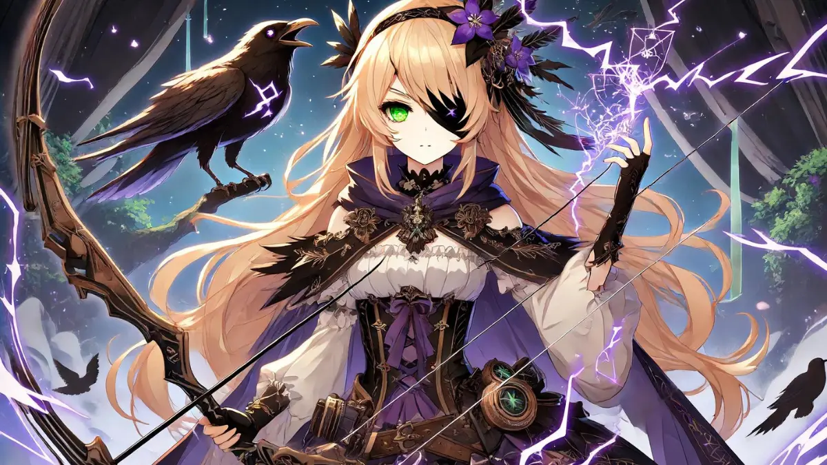 An anime-style image of Fischl from Genshin Impact. Fischl has long, sandy blonde, flowing hair and wears a black eye patch over her right eye. Her exposed left eye is green. She is holding a bow called the Polar Star, which has an intricate and elegant design. Fischl is dressed in a gothic outfit with a mix of purple and black, featuring intricate designs and a cape. She stands confidently with an electro aura surrounding her. Beside her is her raven companion, Oz, who also emits an electric glow. The background is a dark, enchanted forest with hints of purple lightning illuminating the scene.