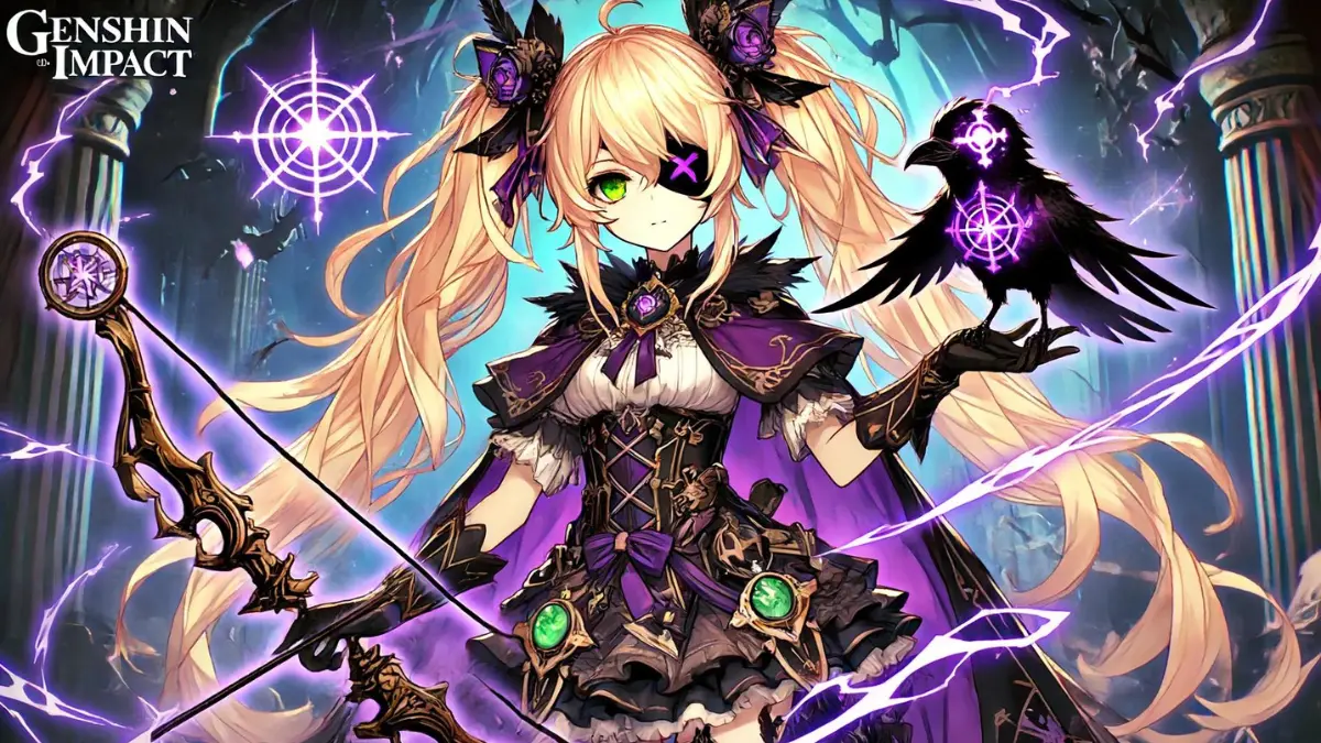 An anime-style image of Fischl from Genshin Impact. Fischl has long, sandy blonde hair styled in twin tails and wears a black eye patch over her left eye. Her exposed right eye is green. She is dressed in a gothic outfit with a mix of purple and black, featuring intricate designs and a cape. Fischl stands confidently with her bow, surrounded by a mystical, electro aura. Beside her is her raven companion, Oz, who also emits an electric glow. The background is a dark, enchanted forest with hints of purple lightning illuminating the scene