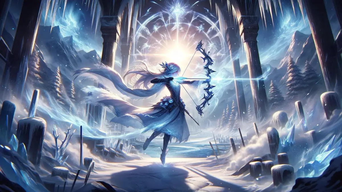 the essence of the Blizzard Strayer Set's power from Genshin Impact with Ganyu. Set in a dramatic winter landscape, Ganyu stands ready, her figure emanating a radiant, icy aura as she prepares to release an arrow infused with potent Cryo energy