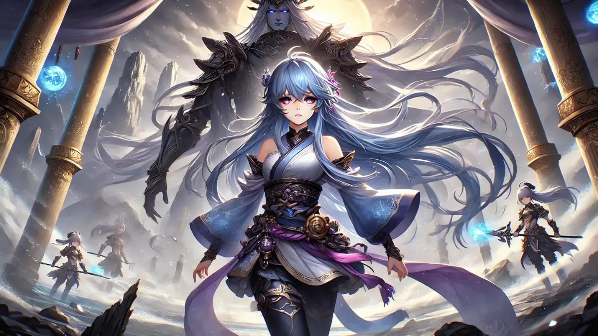 anime image of Ganyu from Genshin Impact. The image should depict a scene from Ganyu's story, set thousands of years ago during the Archon War when she answered the call of Morax, the Geo Archon. Ganyu should be shown with her long blue hair and light purple eyes, wearing an ancient version of her standard outfit. She should appear determined and resolute. Morax, the Geo Archon, should be depicted as a majestic figure with a commanding presence. The background should feature a dramatic and ancient battlefield with elements of Liyue's landscape, such as rocky terrain and mystical energy, capturing the epic and historical essence of the Archon War.