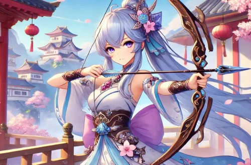 Ganyu from Genshin Impact using Amos' Bow. Ganyu should be depicted with her light blue hair and light purple eyes, wearing her standard outfit with intricate designs. She should be in a dynamic pose, holding Amos' Bow, which is an elegant and powerful bow with intricate designs. The background should be a beautiful landscape of Liyue with mountains, cherry blossoms, and traditional architecture, capturing the game's colorful and mystical art style.
