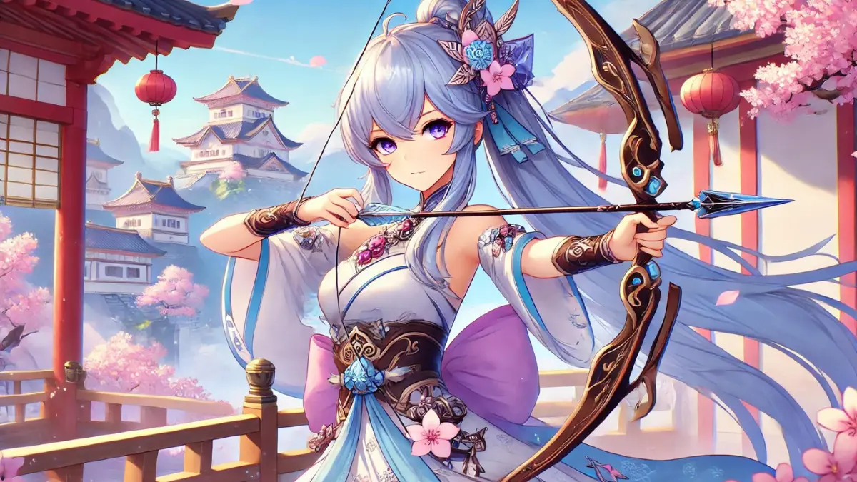 Ganyu from Genshin Impact using Amos' Bow. Ganyu should be depicted with her light blue hair and light purple eyes, wearing her standard outfit with intricate designs. She should be in a dynamic pose, holding Amos' Bow, which is an elegant and powerful bow with intricate designs. The background should be a beautiful landscape of Liyue with mountains, cherry blossoms, and traditional architecture, capturing the game's colorful and mystical art style.