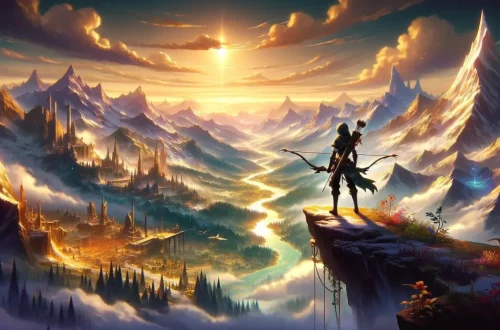 depicting the essence of progression and adventure in "Genshin Impact," focusing on the journey of increasing one's Adventure Rank (AR). It captures a character equipped with a bow that glows with elemental energy, standing atop a vantage point overlooking the vast, magical world of Teyvat