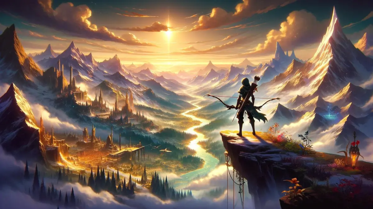 depicting the essence of progression and adventure in "Genshin Impact," focusing on the journey of increasing one's Adventure Rank (AR). It captures a character equipped with a bow that glows with elemental energy, standing atop a vantage point overlooking the vast, magical world of Teyvat