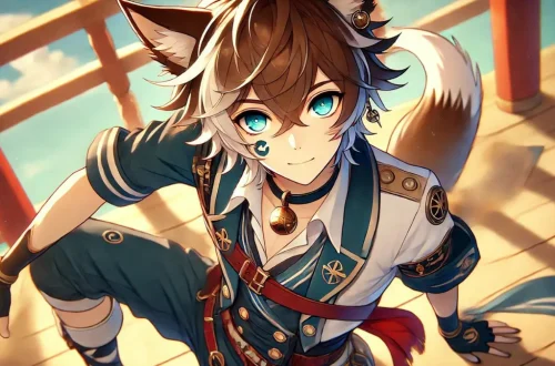 Anime image of Gorou from Genshin Impact. He is a young man with a striking appearance that blends human and canine features, reflecting his role as the general of the Watatsumi Army. Gorou has medium-length, tousled light brown hair with white highlights and two prominent dog-like ears on top, which are brown with white tips. His bright, expressive teal-blue eyes convey determination and warmth. A small, white canine-like marking adorns his cheek. He wears a military-inspired outfit that is both functional and stylish, including a dark blue and white armored vest with gold accents, dark blue shorts with a white belt, and a tail-like accessory that matches his hair color. His arms are protected by dark blue and gold gauntlets, and he wears matching knee-high boots with gold accents. Around his neck, he sports a red scarf that adds a splash of color to his outfit and symbolizes his loyalty and bravery