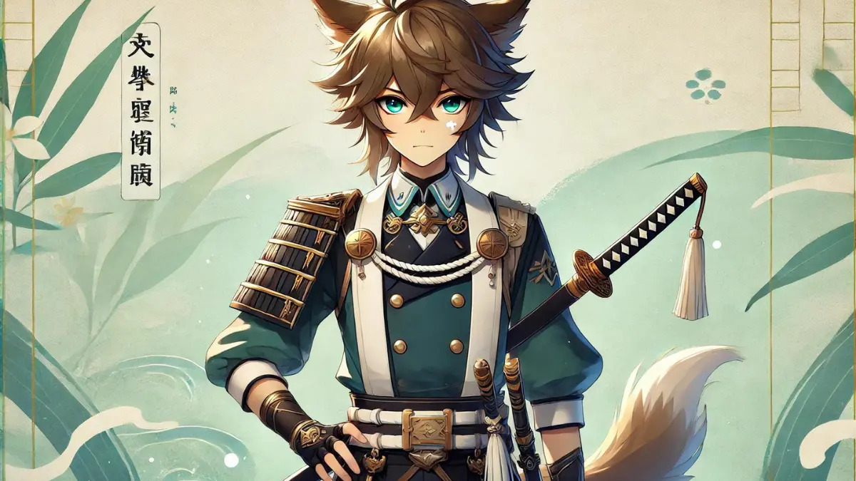 Gorou standing proudly in his Watatsumi Army uniform, holding a traditional Japanese sword