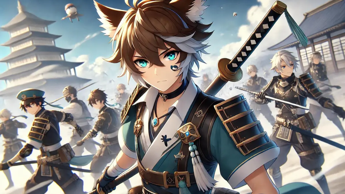 Anime image of Gorou from Genshin Impact in the midst of battle. His sharp eyes scan the battlefield for weak points to exploit. He stands with his katana drawn, ready to strike at any moment. In the background, his fellow soldiers shield him from enemy attacks, trusting in his strategic prowess to lead them to victory. The scene is one of controlled chaos, as Gorou's calm demeanor belies the intense focus and calculation going on behind his eyes. He has medium-length, tousled light brown hair with white highlights and two prominent dog-like ears on top, which are brown with white tips. His bright, expressive teal-blue eyes convey determination and warmth. A small, white canine-like marking adorns his cheek. His military-inspired outfit includes a dark blue and white armored vest with gold accents, dark blue shorts with a white belt, and a tail-like accessory that matches his hair color. His arms are protected by dark blue and gold gauntlets, and he wears matching knee-high boots with gold accents