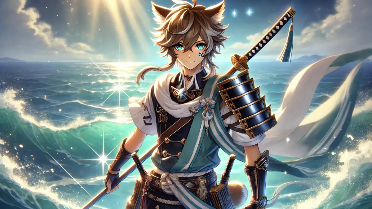 Anime image of Gorou, the General of the Watatsumi Army in Genshin Impact, standing tall and proud in his full armor. He wields his signature katana blade with ease, ready for battle. The ocean waves crash behind him, reflecting off the shiny surface of his armor. Light shines down upon him, highlighting the intricate details of his outfit. He has medium-length, tousled light brown hair with white highlights and two prominent dog-like ears on top, which are brown with white tips. His bright, expressive teal-blue eyes convey determination and warmth. A small, white canine-like marking adorns his cheek. His military-inspired outfit includes a dark blue and white armored vest with gold accents, dark blue shorts with a white belt, and a tail-like accessory that matches his hair color. His arms are protected by dark blue and gold gauntlets, and he wears matching knee-high boots with gold accents. Around his neck, he sports a red scarf that adds a splash of color to his outfit and symbolizes his loyalty and bravery. He gazes forward with a determined look on his face, ready to face any challenge that comes his way