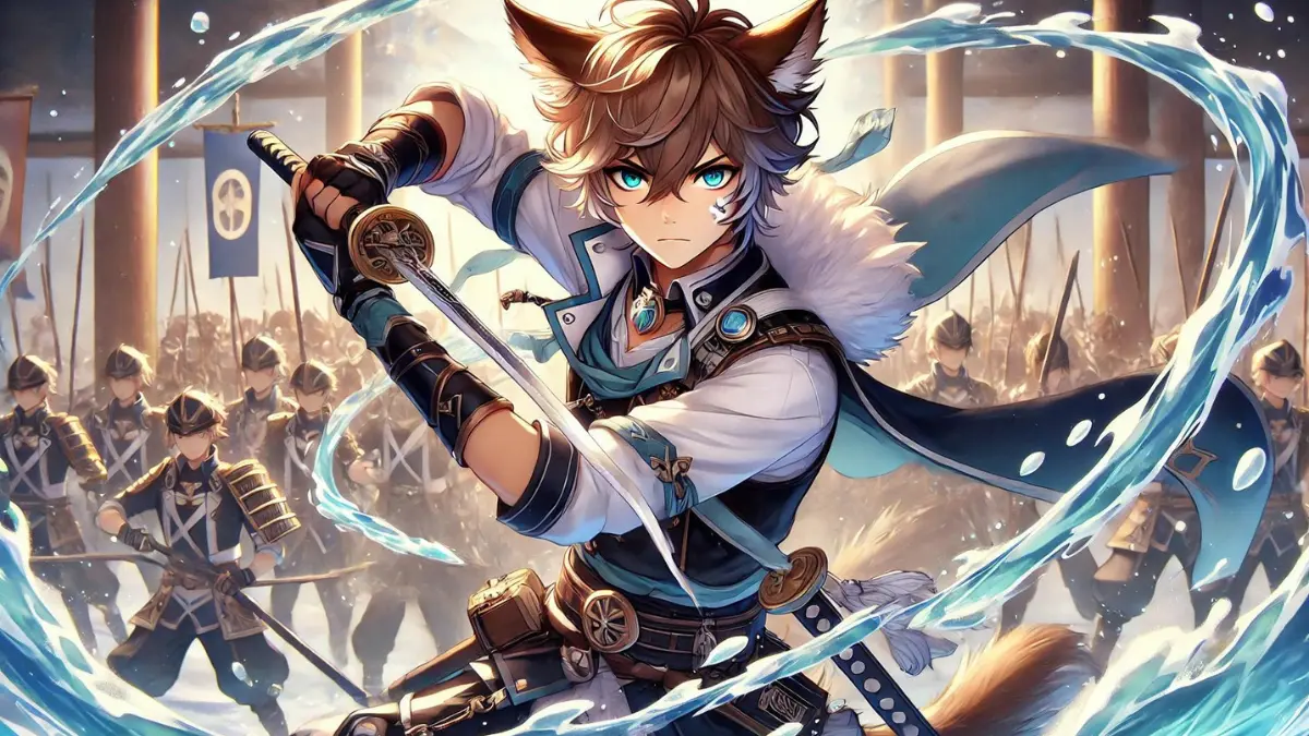 Anime image of Gorou from Genshin Impact wielding his dual blades, with water swirling around him from the force of his strikes. His determined expression shows he is fully focused on his opponent, ready to unleash a devastating attack. In the background, the army of Watatsumi stands at attention, watching in awe as their powerful General displays his combat skills. The scene should have an intense and dynamic energy, capturing the essence of Gorou's prowess in battle. He has medium-length, tousled light brown hair with white highlights and two prominent dog-like ears on top, which are brown with white tips. His bright, expressive teal-blue eyes convey determination and warmth. A small, white canine-like marking adorns his cheek. His military-inspired outfit includes a dark blue and white armored vest with gold accents, dark blue shorts with a white belt, and a tail-like accessory that matches his hair color. His arms are protected by dark blue and gold gauntlets, and he wears matching knee-high boots with gold accents. Around his neck, he sports a red scarf that adds a splash of color to his outfit and symbolizes his loyalty and bravery