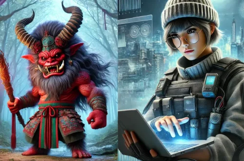 a fearsome Dokkaebi, a mythical Korean goblin, standing in an enchanted forest and a Dokkaebi, an operator from Tom Clancy's Rainbow Six Siege, whose real name is Grace Nam