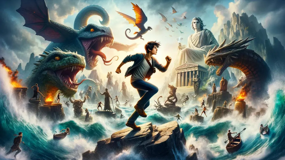 scene captures Percy Jackson in a dynamic moment of his quest, surrounded by elements that highlight the mythical and magical aspects of his journey, reflecting the blend of modern and ancient worlds and showcasing his courage and divine heritage