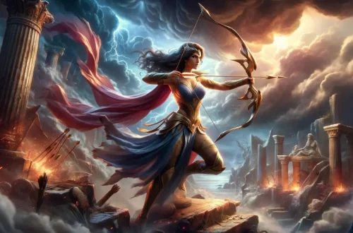 The Skillful Bow of Queen Andromeda", capturing Queen Andromeda in a heroic stance against a backdrop that hints at her epic battles