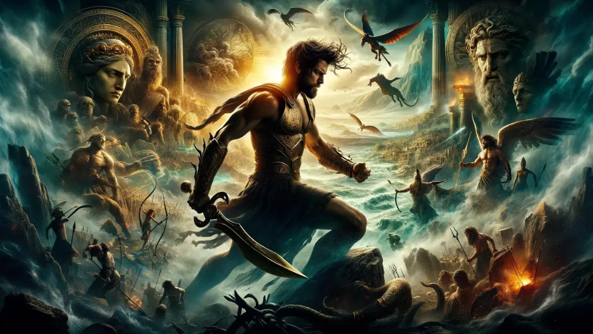 the essence of "Wrath of the Titans," portraying Perseus in a dramatic scene that reflects his journey and the mythical challenges he faces