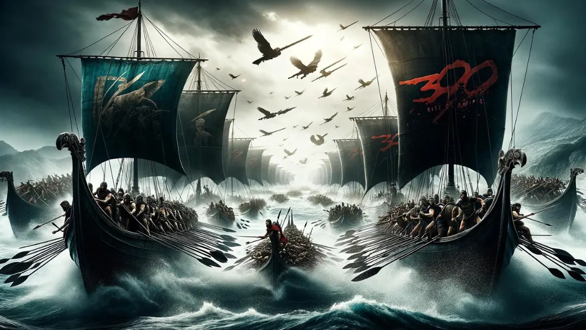 captures the epic essence of "300: Rise of an Empire," showcasing a dramatic moment from the naval battles featured in the film. The scene highlights Greek warriors in combat on their triremes against the Persian forces, set against a backdrop that emphasizes the film's blend of history and fantasy