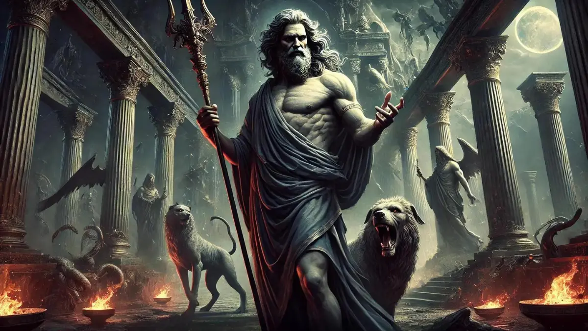 Hades, the God of the Underworld, depicted as a powerful and enigmatic figure. He stands with a commanding presence, holding a scepter in one hand and accompanied by Cerberus, the three-headed dog. Hades has a stern expression and is dressed in dark, flowing robes. The background features a dark and eerie underworld scene with shadows, flames, and ancient structures. The overall scene conveys Hades's authority, mystery, and role as the ruler of the underworld, portrayed in a highly realistic manner with natural features and lifelike details