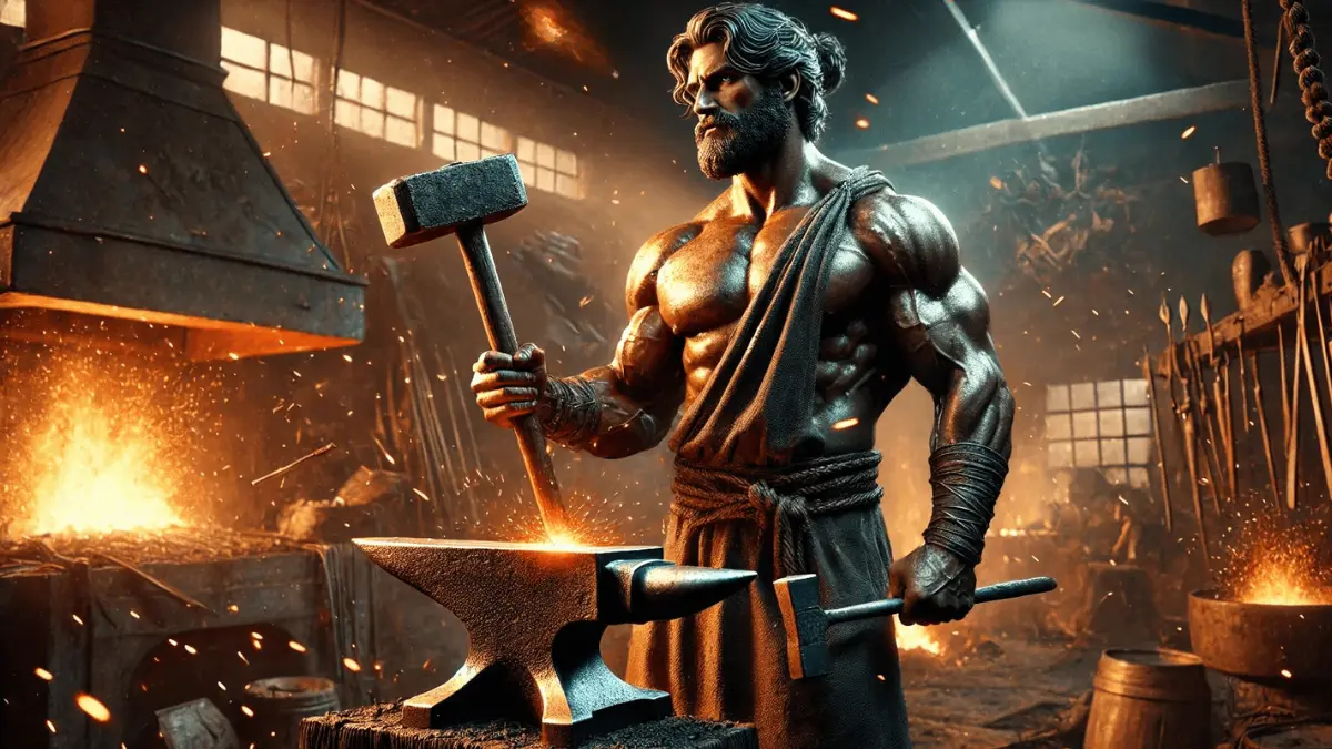Hephaestus, the God of Fire, depicted as a highly realistic and powerful figure. He stands in a forge with a hammer in one hand and an anvil beside him. Hephaestus has a muscular build and is dressed in ancient Greek attire, with soot and sweat on his face from his work. The background features a fiery forge with glowing metal and sparks flying, emphasizing his role as a blacksmith and craftsman. The overall scene conveys Hephaestus's strength, skill, and dedication to his craft, portrayed in a lifelike manner with natural features and realistic details