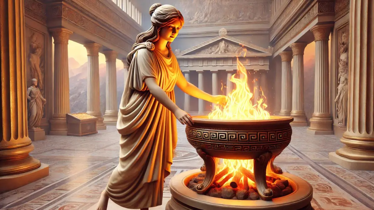 Hestia, the Goddess of the Hearth, depicted as a warm and nurturing figure tending to the sacred hearth fire on Mount Olympus. She stands with a gentle and serene presence, ensuring the fire burns brightly. Hestia has a calm, welcoming expression and is dressed in flowing, simple Greek robes. The background features a grand interior of Mount Olympus with the sacred fire in the center, symbolizing warmth and comfort