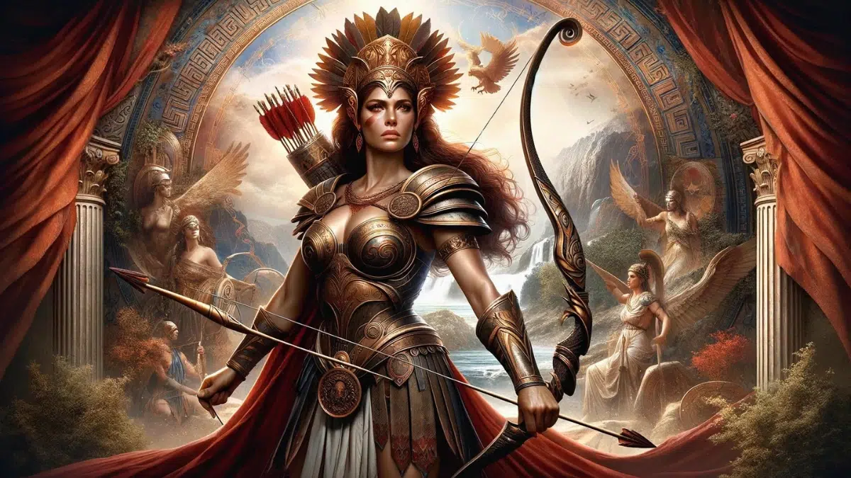 Hippolyta, the queen of the Amazons, in a powerful and majestic manner, emphasizing her exceptional strength, prowess in archery, and her significance as a symbol of female strength and independence