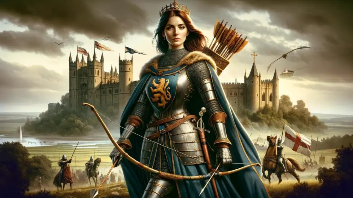 Isabella of France, known as the 'She-Wolf of France,' standing confidently with a bow and arrow. She wears royal medieval attire, including armor and a cloak, symbolizing her commanding role in the invasion of England. The background features an English castle and a battlefield, emphasizing her leadership