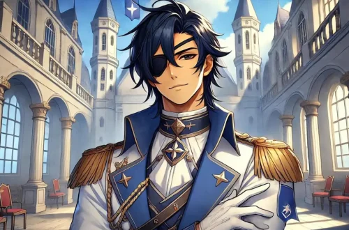 Kaeya Alberich, a character from Genshin Impact, standing confidently as the Cavalry Captain of the Knights of Favonius in Mondstadt. He has a tall, fit build, tanned skin, long dark blue hair, and wears an eye patch over his right eye. He is dressed in a blue and white uniform with gold accents, exuding charm and authority. The background features the grand architecture of Mondstadt, with Kaeya holding his sword and a slight smirk on his face, highlighting his cunning and strategic nature.