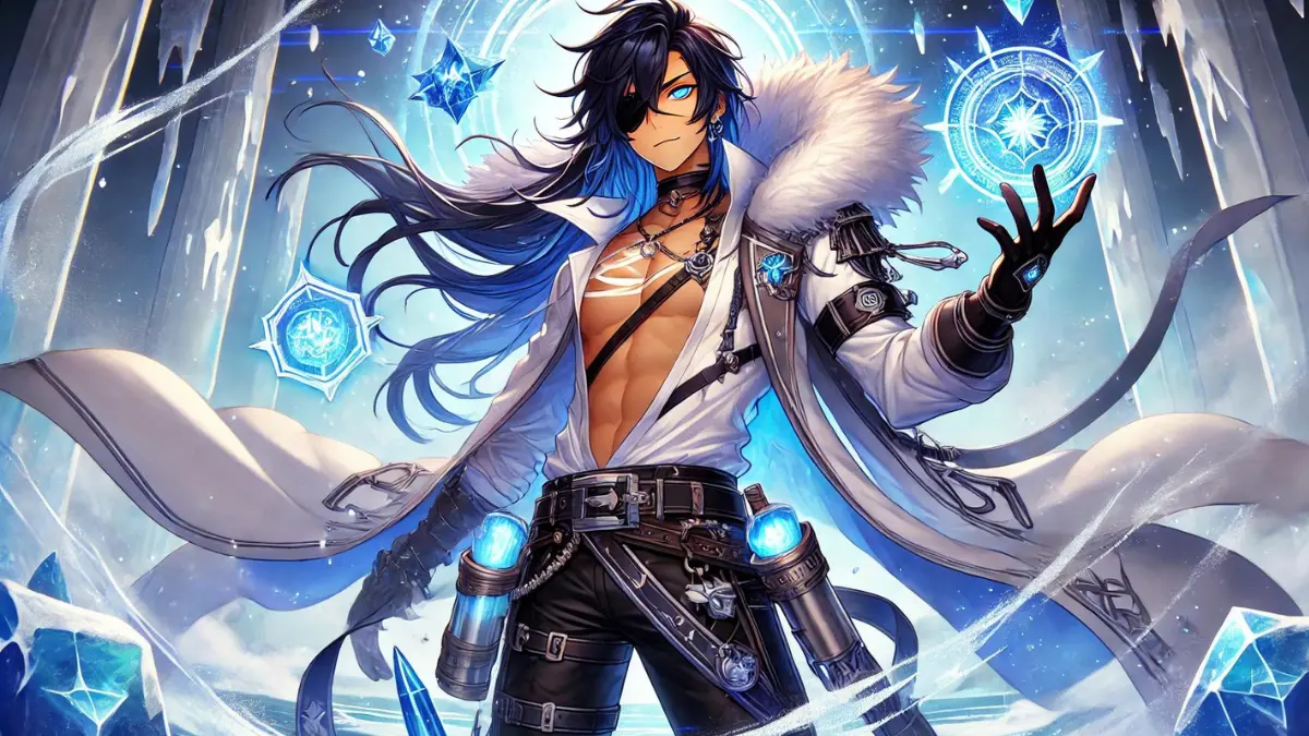Kaeya, a character from Genshin Impact, showcasing the Blizzard Strayer artifact set. Kaeya has long dark blue hair, tanned skin, and wears an eye patch over his left eye, a white-collared, cleavage-revealing blouse, a half-cape with a fur collar, dark tight-fitted trousers, and knee-length boots. He is surrounded by the icy blue aura of the Blizzard Strayer set, with pieces of the set floating around him, glowing with Cryo energy. The background features a snowy, icy landscape that complements the Cryo theme. Kaeya's expression is confident and determined, emphasizing the power boost from the artifacts.