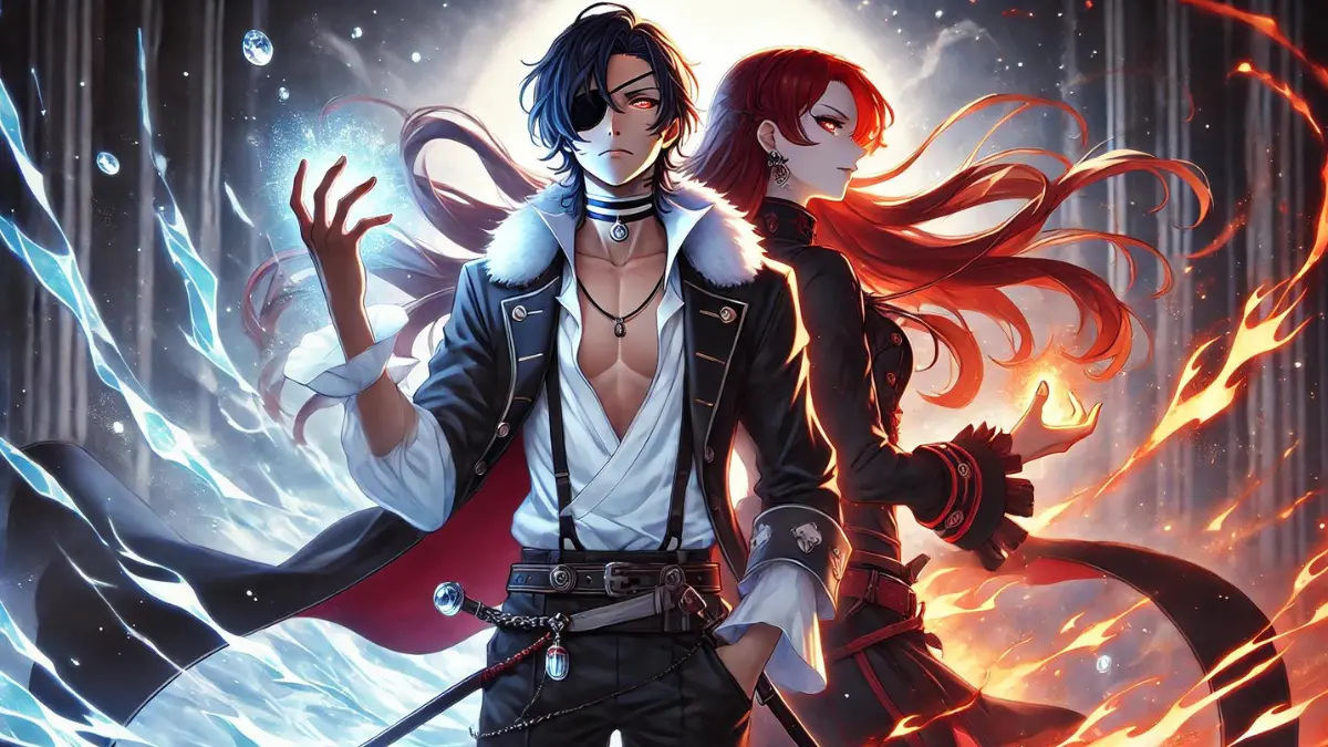 Kaeya and his brother, Diluc, in an intense anime scene where Kaeya awakens his Cryo Vision. Kaeya has long dark blue hair, tanned skin, wears an eye patch over his left eye, a white-collared, cleavage-revealing blouse, a half-cape with a fur collar, dark tight-fitted trousers, and knee-length boots. Diluc has long red hair tied back, pale skin, and is dressed in a black and red outfit with a high collar, a flowing coat, and dark trousers. They are in the midst of a dramatic fight, with Kaeya's Cryo Vision glowing brightly, signifying his awakening. The background is filled with icy and fiery effects, symbolizing the clash between Cryo and Pyro. Kaeya's expression is one of determination and revelation, while Diluc's is one of anger and resolve. The scene highlights the intense moment that changed Kaeya's life and tied him to Khaenri'ah.