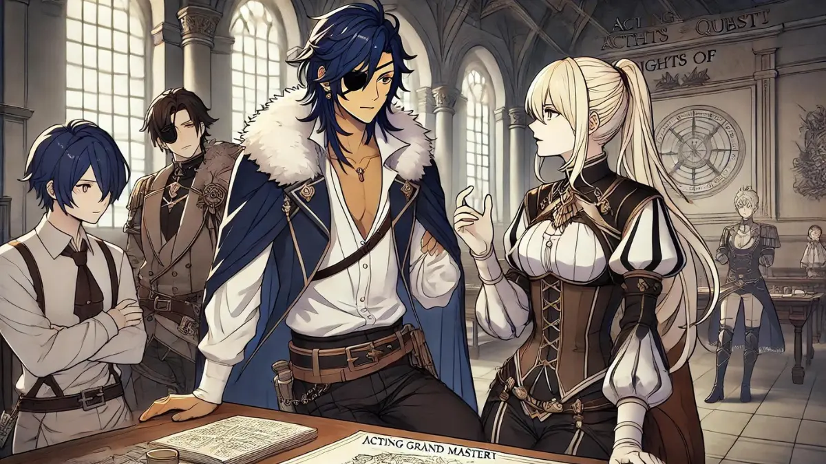 Kaeya, a character from Genshin Impact, assisting Acting Grand Master Jean in a scene from the Archon Quests. Kaeya has long dark blue hair, tanned skin, and wears an eye patch over his left eye, a white-collared, cleavage-revealing blouse, a half-cape with a fur collar, dark tight-fitted trousers, and knee-length boots. Jean has blonde hair tied back, wears her knightly attire, and exudes authority and grace. They are seen discussing a strategy, with Kaeya showcasing his clever thinking. The background features the grand interior of the Knights of Favonius headquarters in Mondstadt, with maps and documents spread out on a table. Both characters have serious expressions, highlighting their important roles in the Knights of Favonius.