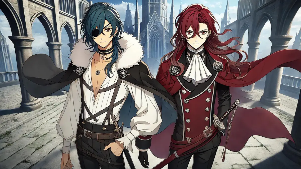 Kaeya and his adoptive brother, Diluc, standing together in a striking anime scene. Kaeya has long dark blue hair, tanned skin, wears an eye patch over his left eye, a white-collared, cleavage-revealing blouse, a half-cape with a fur collar, dark tight-fitted trousers, and knee-length boots. Diluc has long red hair tied back, pale skin, and is dressed in a black and red outfit with a high collar, a flowing coat, and dark trousers. They are in Mondstadt, with its grand architecture in the background. Both have serious expressions, highlighting their complex relationship. Kaeya holds his sword, and Diluc is holding his claymore, with a dynamic and dramatic pose.