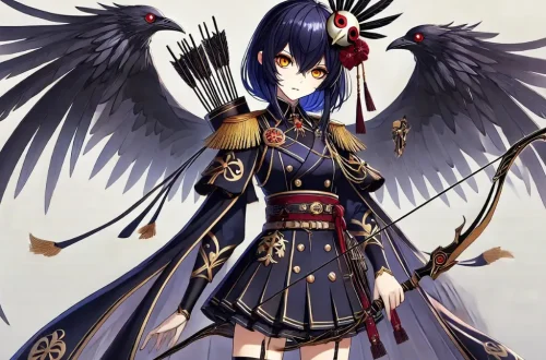 an anime-style image of Kujou Sara from Genshin Impact. Kujou Sara uses the tall female model with indigo hair cut into an uneven bob, pale skin, and golden eyes. As a tengu, she has two pairs of black raven-like wings that can unfurl from her back. Kujou Sara is a striking figure with a commanding presence, embodying both grace and strength. She has a traditional tengu mask resting on her head. She wears a dark, elegant military uniform with intricate gold and red accents, signifying her high rank within the Tenryou Commission. Her outfit includes a short, pleated skirt and a flowing cape that billows behind her, adding to her authoritative aura. She carries a bow, intricately designed with Electro motifs, and a quiver of arrows strapped to her back