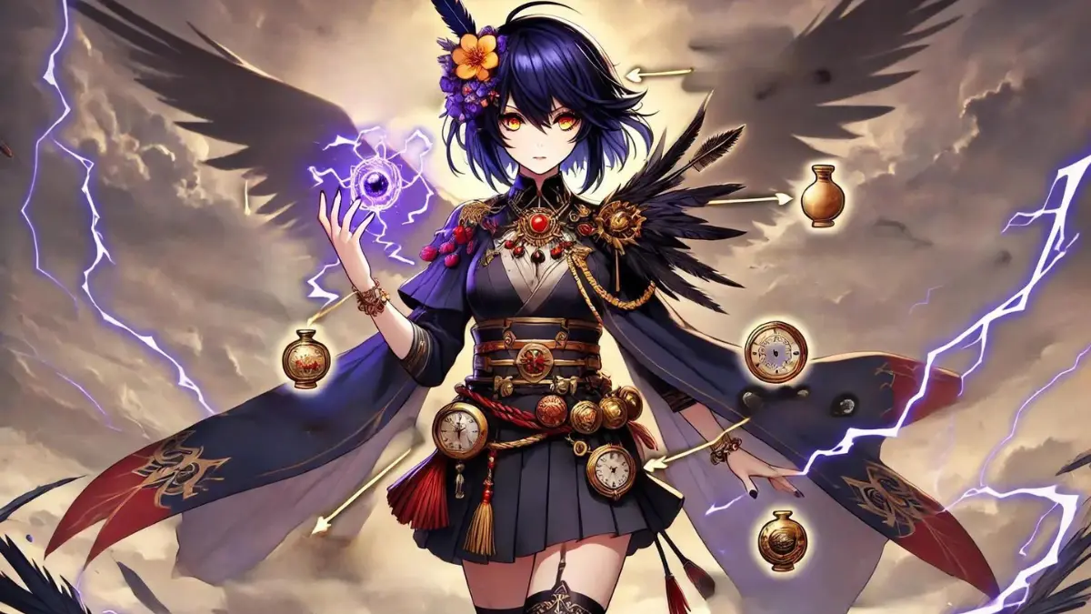 an anime-style image of Kujou Sara from Genshin Impact in her electrifying archer form. She is adorned with the optimal artifacts for her battle prowess: a feather that provides increased attack power, a flower that enhances her health, a timepiece that boosts her critical rate, a goblet that amplifies her electro damage, and a circlet that amplifies her critical damage. Kujou Sara should have indigo hair cut into an uneven bob, pale skin, and golden eyes. She should be wearing her dark, elegant military uniform with intricate gold and red accents, a short, pleated skirt, and a flowing cape. Her traditional tengu mask should rest on her head