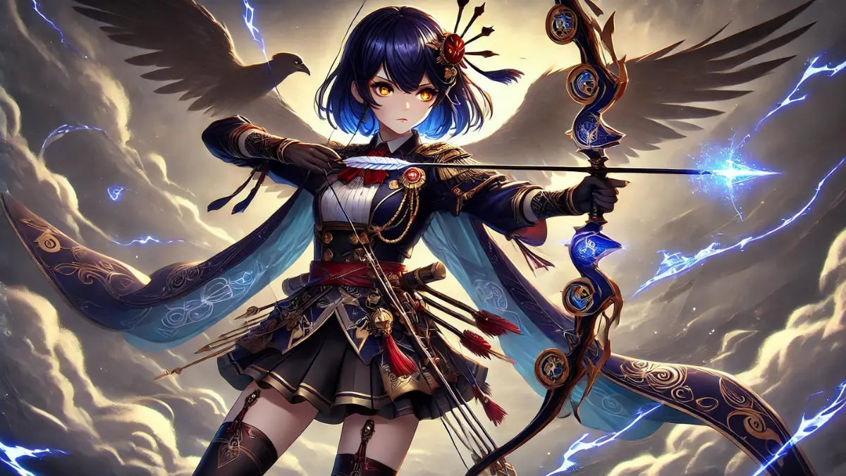 an anime-style image of Kujou Sara from Genshin Impact using her best weapon, Elegy for the End. Kujou Sara should have indigo hair cut into an uneven bob, pale skin, and golden eyes. She should be wearing her dark, elegant military uniform with intricate gold and red accents, a short, pleated skirt, and a flowing cape. Her traditional tengu mask should rest on her head. She should have two pairs of black raven-like wings unfurled from her back. Kujou Sara should be in a powerful pose, holding the bow Elegy for the End