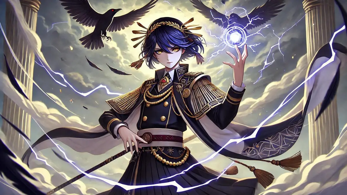 an anime-style image of Kujou Sara from Genshin Impact using her Elemental Skill: Tengu Stormcall. Kujou Sara should have indigo hair cut into an uneven bob, pale skin, and golden eyes. She should be wearing her dark, elegant military uniform with intricate gold and red accents, a short, pleated skirt, and a flowing cape. Her traditional tengu mask should rest on her head. She should have two pairs of black raven-like wings unfurled from her back. Kujou Sara should be in a dynamic pose, summoning a powerful storm with lightning crackling around her