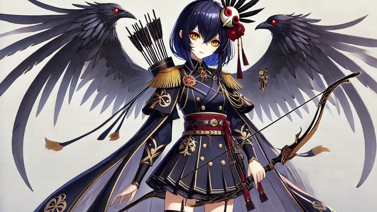 an anime-style image of Kujou Sara from Genshin Impact. Kujou Sara uses the tall female model with indigo hair cut into an uneven bob, pale skin, and golden eyes. As a tengu, she has two pairs of black raven-like wings that can unfurl from her back. Kujou Sara is a striking figure with a commanding presence, embodying both grace and strength. She has a traditional tengu mask resting on her head. She wears a dark, elegant military uniform with intricate gold and red accents, signifying her high rank within the Tenryou Commission. Her outfit includes a short, pleated skirt and a flowing cape that billows behind her, adding to her authoritative aura. She carries a bow, intricately designed with Electro motifs, and a quiver of arrows strapped to her back