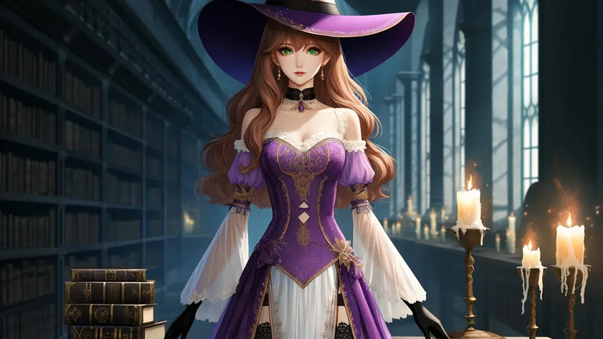 An elegant tall witch with fair skin and lime green eyes. She has long wavy shoulder-length light honey brown hair tied in a side ponytail. Her outfit consists of a purple and white dress with short sleeves, revealing long black gloves. The dress has open slits at the sides, embellished with gold embroidery. She wears a large purple witch's hat, black lace stockings, and black high heels. The setting is a magical library filled with ancient books and glowing artifacts, emphasizing her role as a knowledgeable and mystical figure.