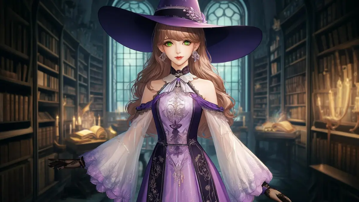 An elegant tall witch with fair skin and lime green eyes. She has long wavy shoulder-length light honey brown hair. Her outfit consists of a purple and white dress with open slits at the sides, embellished with gold embroidery. She wears long black gloves with pale purple trim, a large purple witch's hat, black lace stockings, and black high heels. The setting is a magical library filled with ancient books and glowing artifacts