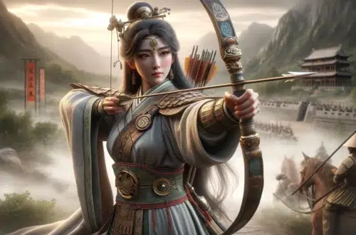 Lady Fu Hao, China's pioneering female archer, capturing her strength, grace, and historical significance as a trailblazer for women in ancient military history