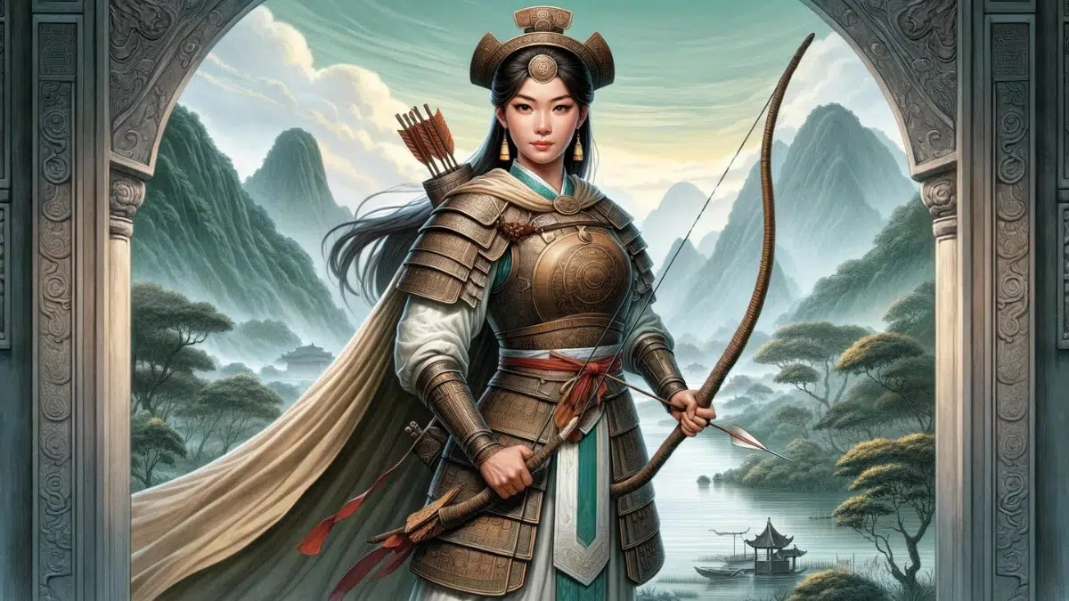 Lady Triệu, a legendary warrior and archer from Vietnam in the 3rd century, standing confidently with a bow and arrow. She wears traditional warrior attire, including armor and a flowing cape. The background features a lush Vietnamese landscape with mountains and rivers