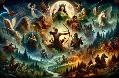 captures the essence of legendary archery mythology, featuring a montage of mythical archers from various cultures and historical periods, set against a tapestry of iconic landscapes