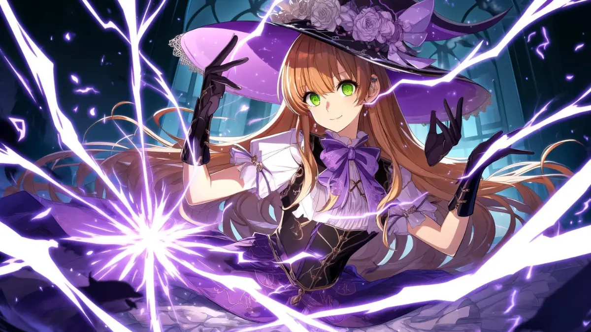 Lisa, an elegant tall witch with fair skin and lime green eyes. Her long wavy shoulder-length light honey brown hair is tied in a side ponytail. She wears a purple and white dress with short sleeves, revealing long black gloves, and a large purple witch's hat. In the midst of battle, Lisa is using her Elemental Burst, 'Lightning Rose,' which manifests as a storm of intense electric energy. The electricity arcs dramatically from her catalyst, striking multiple enemies around her in a dark, stormy battlefield setting.