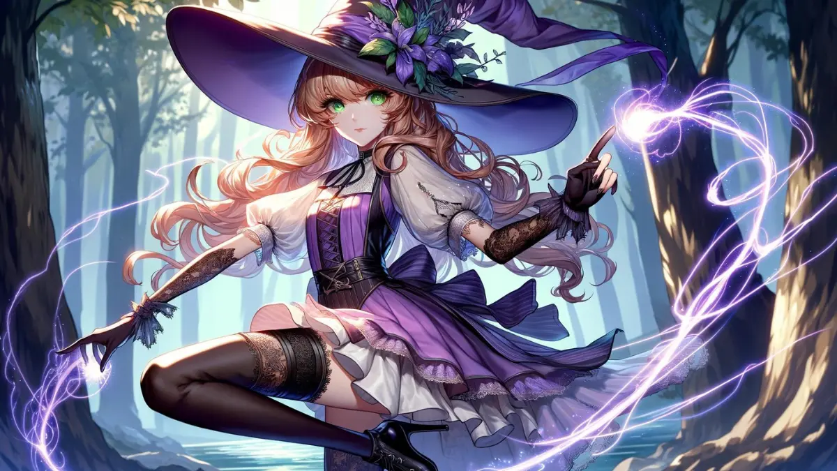 this captures Lisa of Genshin in action, using her weapon, a magical catalyst that emits glowing Electro energy. elegant tall witch with fair skin and lime green eyes, her long wavy shoulder-length light honey brown hair tied in a side ponytail. She wears a purple and white dress with short sleeves, revealing long black gloves, a large purple witch's hat, black lace stockings, and black high heels.