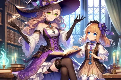 An elegant tall witch with fair skin and lime green eyes, her long wavy shoulder-length light honey brown hair tied in a side ponytail, wears a purple and white dress with short sleeves revealing long black gloves, a large purple witch's hat, black lace stockings, and black high heels. Beside her is a young girl, Lumine, with blonde hair and bright blue eyes, dressed in a white and gold traveler's outfit with blue accents, holding a magic book. They are in a magical library, with the witch helping Lumine read an ancient glowing book, surrounded by mystical artifacts