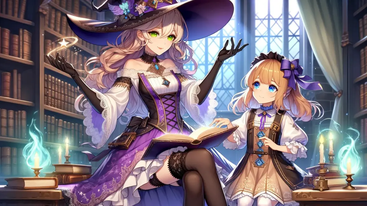 An elegant tall witch with fair skin and lime green eyes, her long wavy shoulder-length light honey brown hair tied in a side ponytail, wears a purple and white dress with short sleeves revealing long black gloves, a large purple witch's hat, black lace stockings, and black high heels. Beside her is a young girl, Lumine, with blonde hair and bright blue eyes, dressed in a white and gold traveler's outfit with blue accents, holding a magic book. They are in a magical library, with the witch helping Lumine read an ancient glowing book, surrounded by mystical artifacts