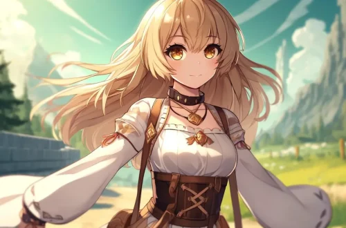 Anime style image depicting the protagonist Lumine from Genshin Impact standing outside in a field. She has blonde hair, and the scene shows her with wind-blown blonde hair. She looks over a vast landscape including mountains.