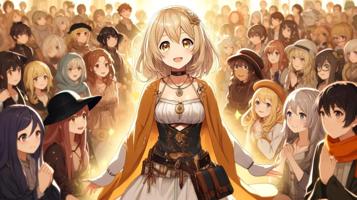 Anime style image depicting Lumine, a young, blonde-haired female protagonist from Genshin Impact with medium length hair and golden eyes. She is wearing her traveler's outfit, which is a dress, and is surrounded by a diverse group of fans. The fans, representing various ages, genders, and cultural backgrounds, are excitedly discussing theories about Lumine's journey. They show passion and enthusiasm, with elements like diverse clothing and accessories to represent different cultures and regions.