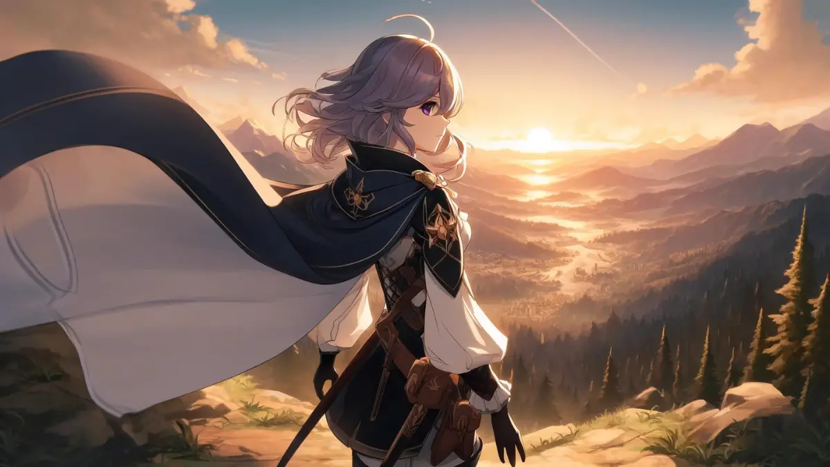 Anime style image depicting the protagonist Lumine from Genshin Impact standing on a mountaintop. She is dressed in her iconic outfit, featuring a flowing cape and a sword strapped to her back. The scene captures her with wind-blown hair and cape, conveying a sense of determination and strength. She gazes over a vast landscape that includes mountains, forests, rivers, and distant cities, indicating areas she has yet to explore.