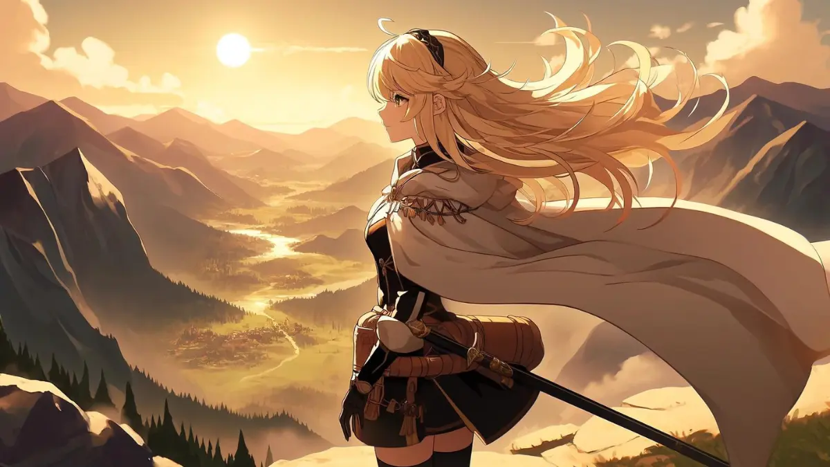 Anime style image depicting the protagonist Lumine from Genshin Impact standing on a mountaintop. She has blonde hair, dressed in her iconic outfit with a flowing cape and a sword strapped to her back. The scene shows her with wind-blown blonde hair and cape, exuding determination and strength. She looks over a vast landscape including mountains, forests, rivers, and cities yet to be explored.